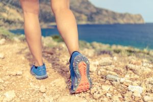 Walking or running legs in forest, adventure and exercising